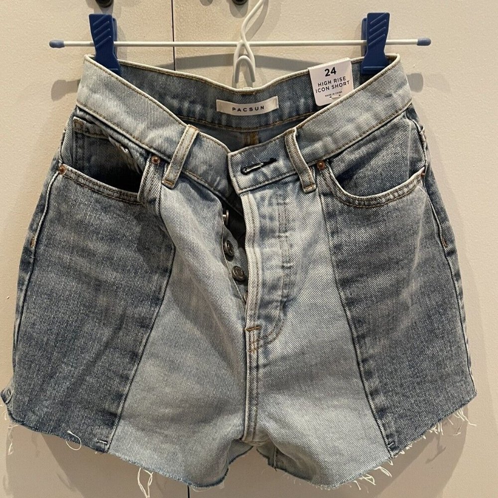 PacSun two tone icon high rise denim button up shorts size 24 Patchwork - NWT